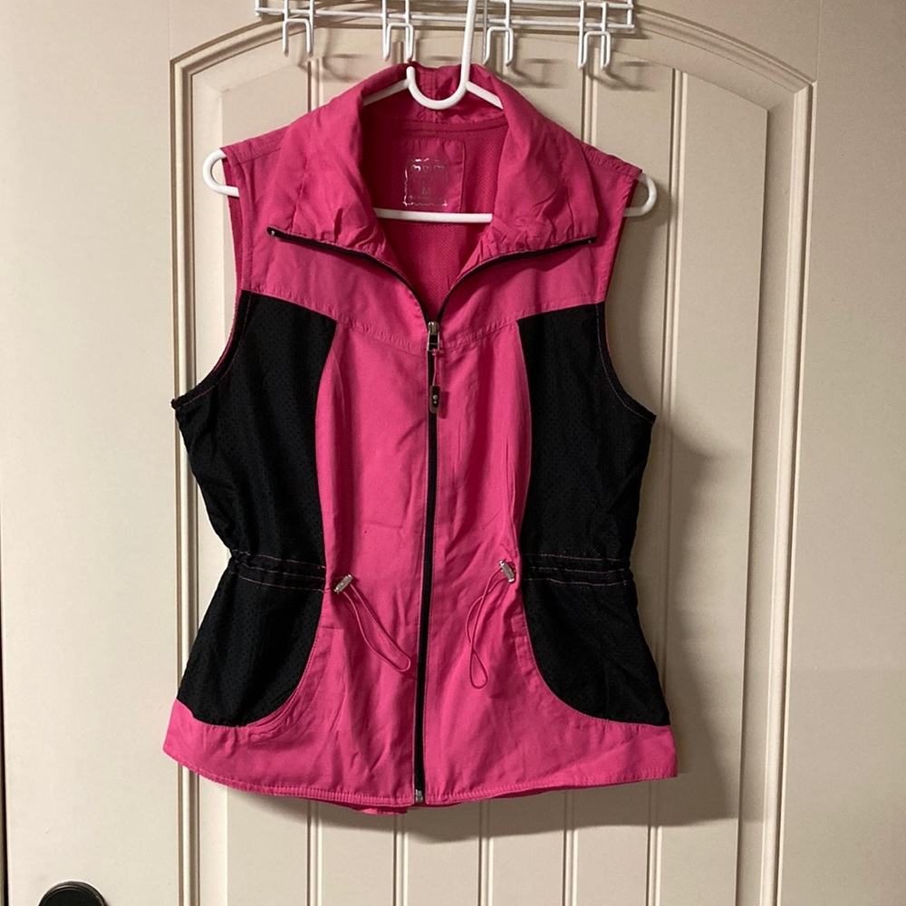 THREE HEARTS Women’s Full Zip Drawstring Waist 2 Pockets Lined Pink/Black Vest M